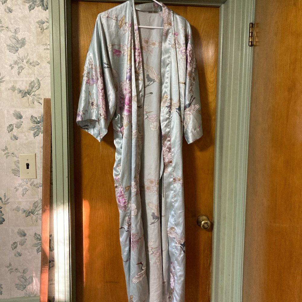Kim and Ono Kim + Ono Satin Long Robe Kimono Light Blue Crane and Flower Print